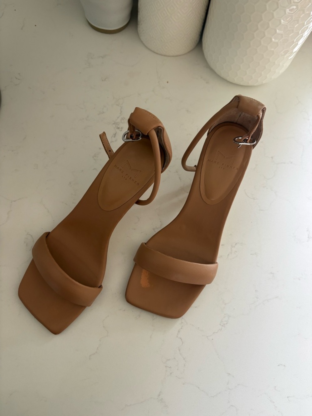 Marc Fisher Nude Leather Ankle-Strap Heels